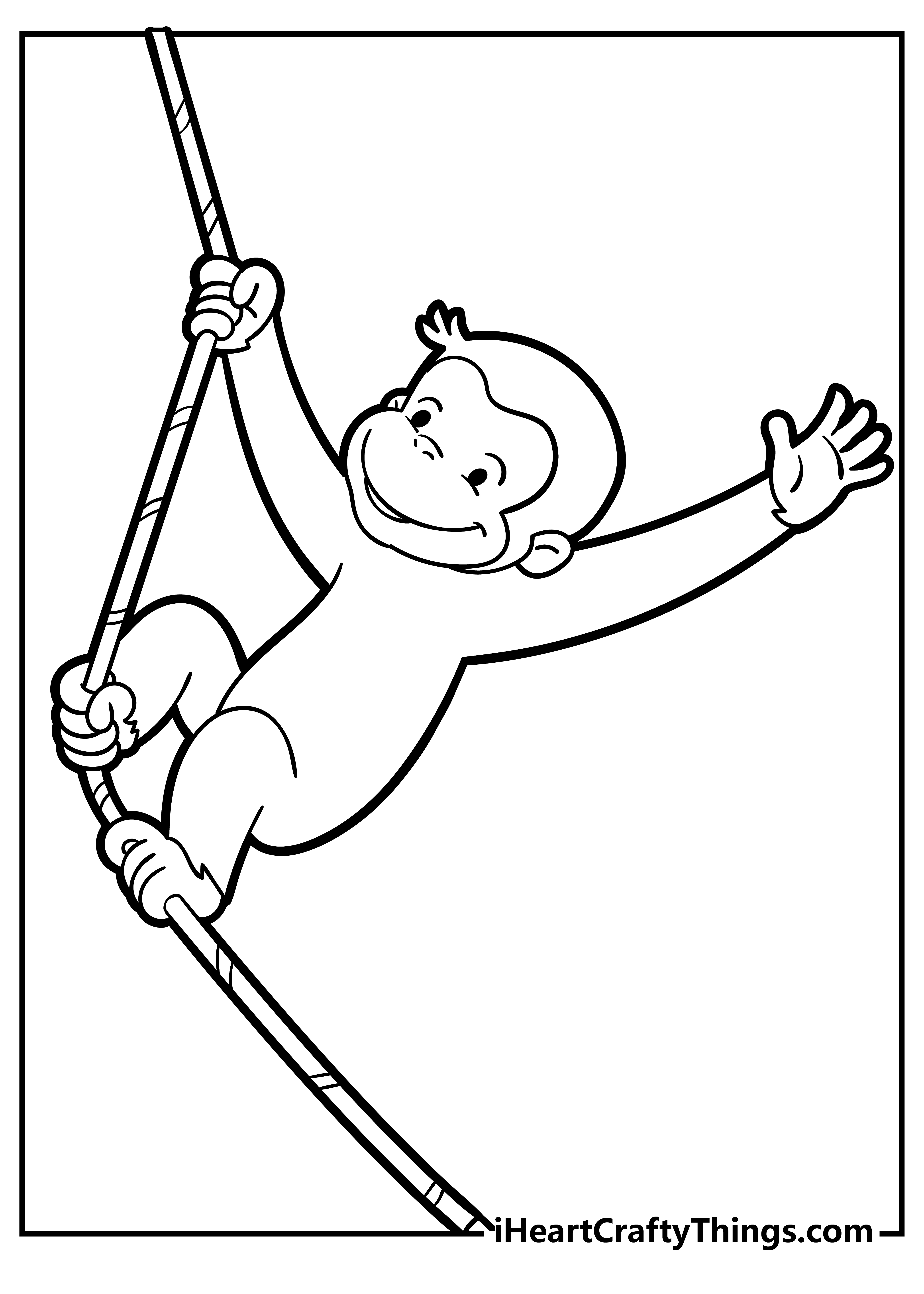 Curious George coloring page for kids featuring him swinging from a rope and waving to us