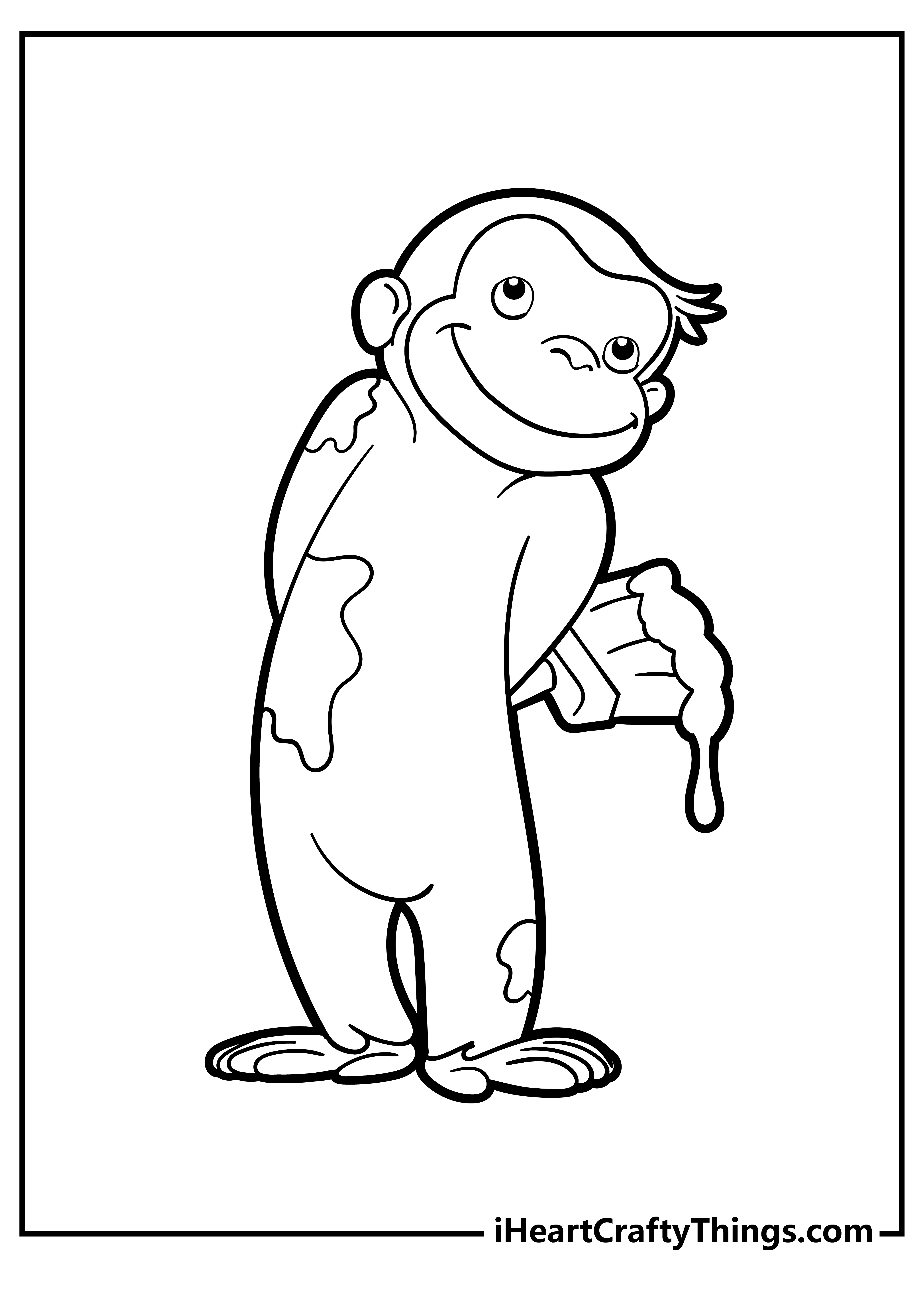 Coloring pdf of a guilty-looking Curious George with some paint all over him hiding paintbrush behind his back