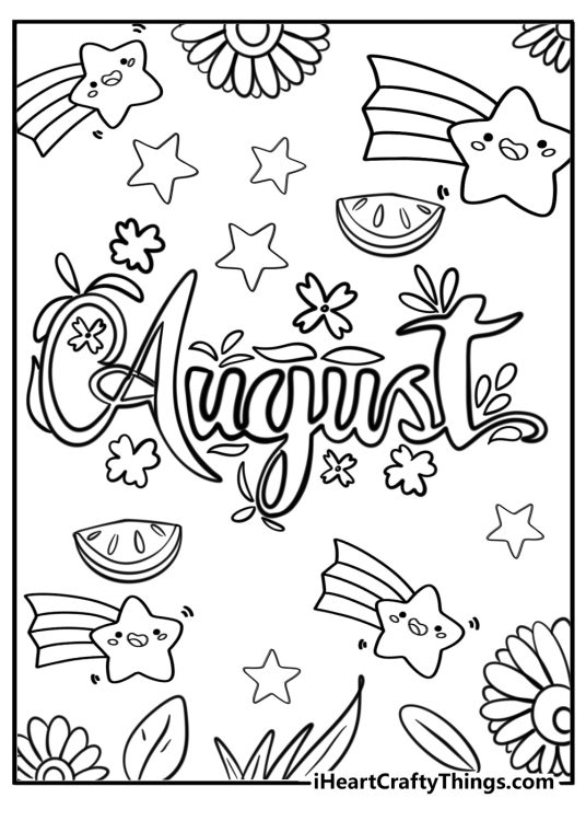 Detailed coloring page showing word August with flowers stars and watermelon slices all around it
