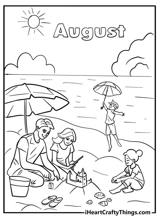 Coloring card depicting family of four at the beach and word August written at the top of this summery scene