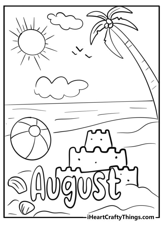 August-themed picture presenting beach setting with a sandcastle and a word August in the centre