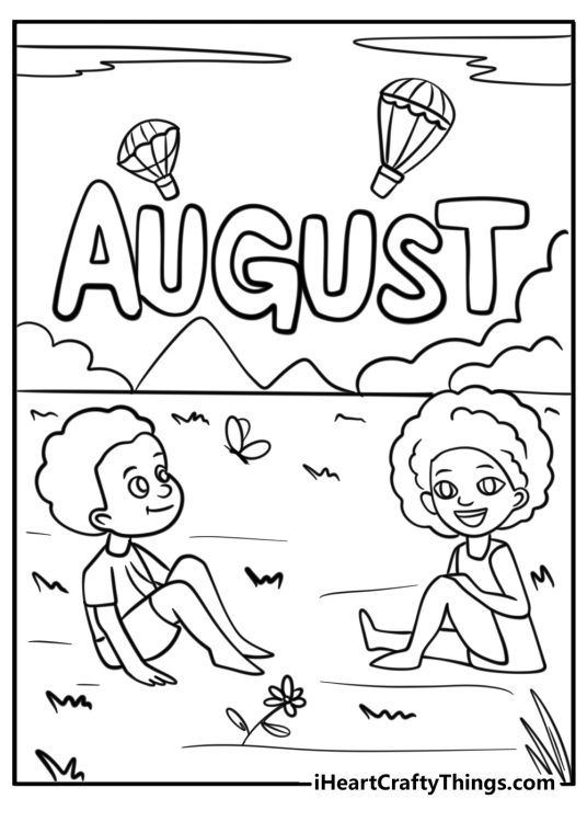 Coloring picture of a two kids sitting on a meadow and a word August written above them