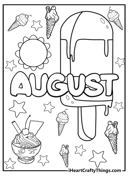 Picture with a word August and big ice-cream in the centre surrounded by various smaller ice-cream cones and stars