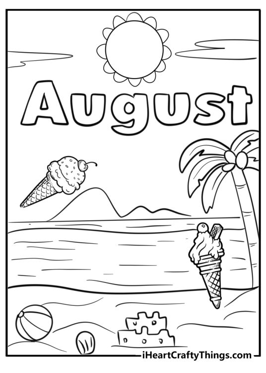 Detailed printable pdf presenting summery beach scene with the word August in the centre