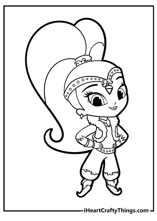 Shimmer and Shine printable pdf for children depicting Shine posing proudly with hand on her hips