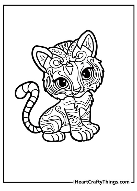 Shimmer and Shine printable drawing depicting baby tiger with intricate fur pattern and some head accessory