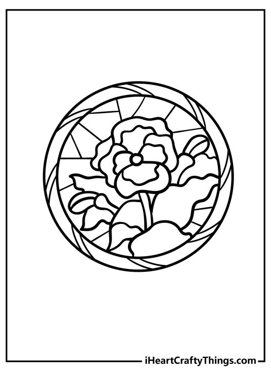 Black-and-white coloring sheet of a round stained glass with a beautiful orchid design in the centre