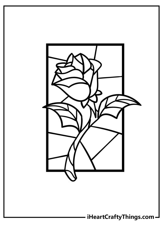 Coloring sheet to print of a stained glass with a beautiful rose design in the centre