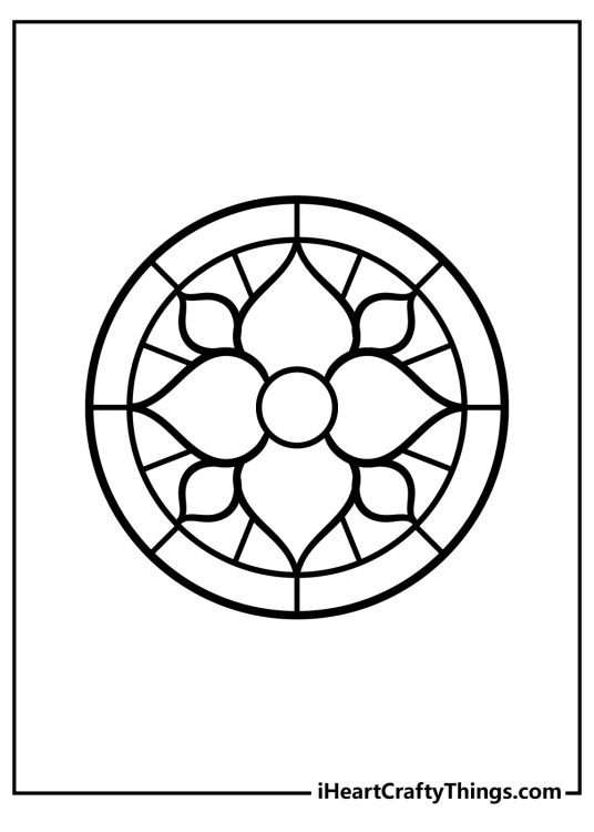 Coloring page for kids featuring round stained glass with a simple floral design in the centre