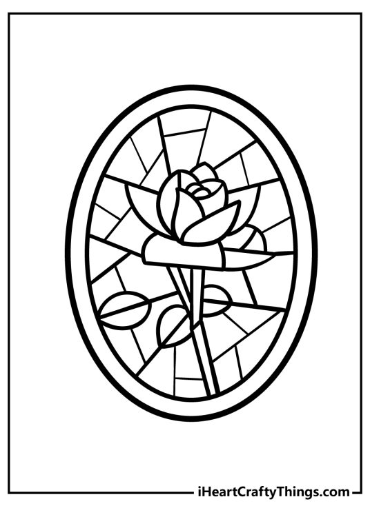 Adult coloring sheet featuring oval stained glass with a rose-inspired design in the centre