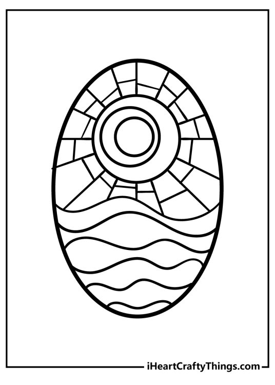 Stained glass-themed coloring page for kids featuring an image of the sun over the ocean