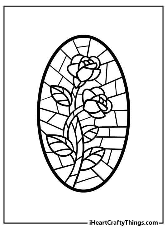 Detailed coloring page for adults of an oval stained glass featuring two roses