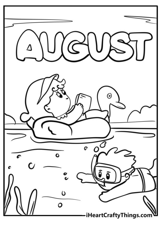 Free printable depicting kids having fun on a water and a word August written at the top of the page