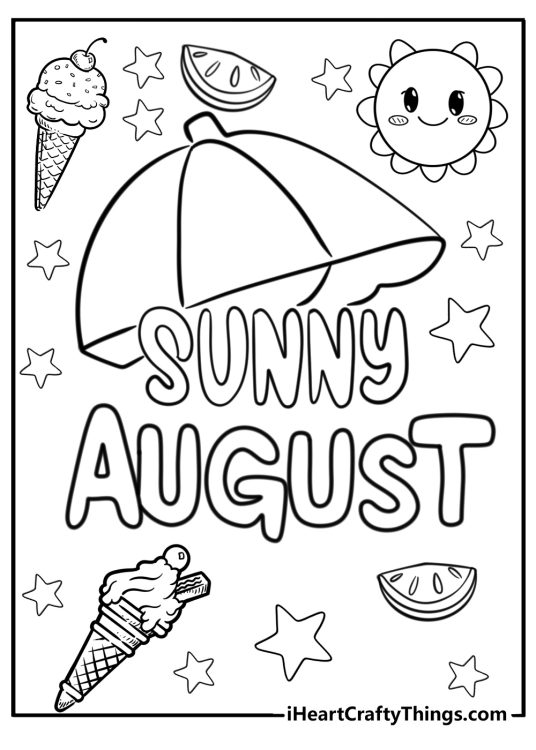 Detailed coloring image featuring phrase Sunny August surrounded by various summer atributes