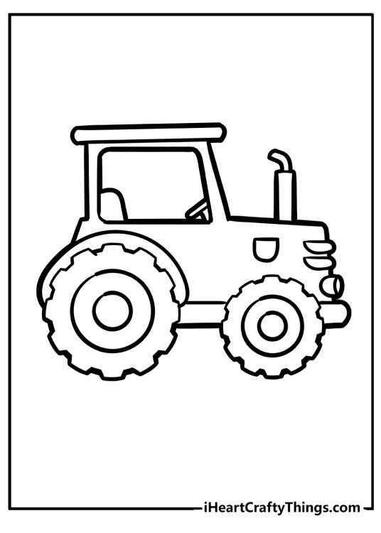 Transport-themed coloring page featuring a side view of a simple tractor turned to the right