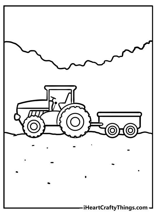 Free coloring printable for kids featuring tractor pulling a trailer on a field with greenery in the background