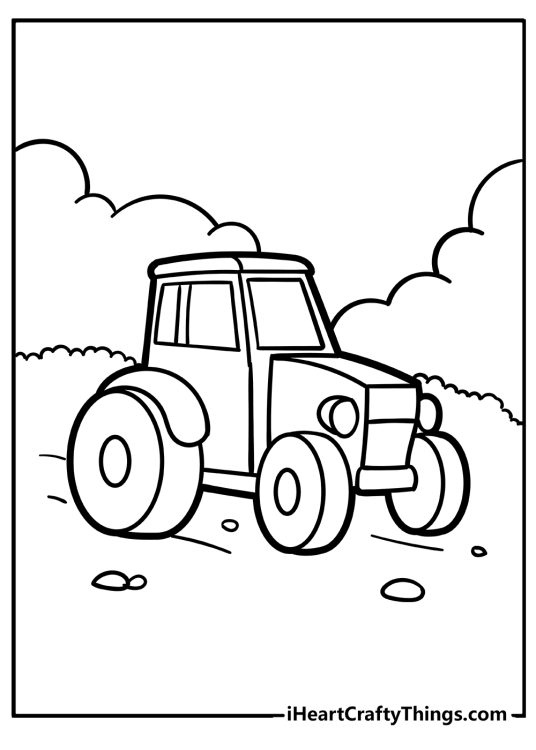 Free printable of a tractor going downhill on rough terrain with rocks on the ground and bushes in the background