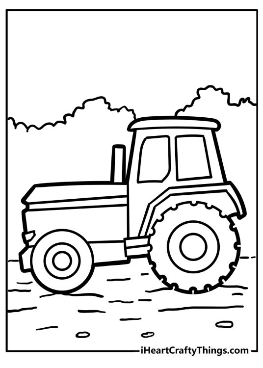 Printable sheet featuring a side view of a tractor on a field with trees in the backround and rocks on the ground