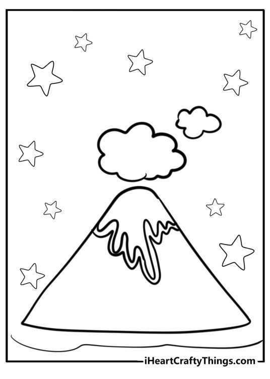 Coloring picture for pre-schoolers featuring little cartoony volcano with stars all around it
