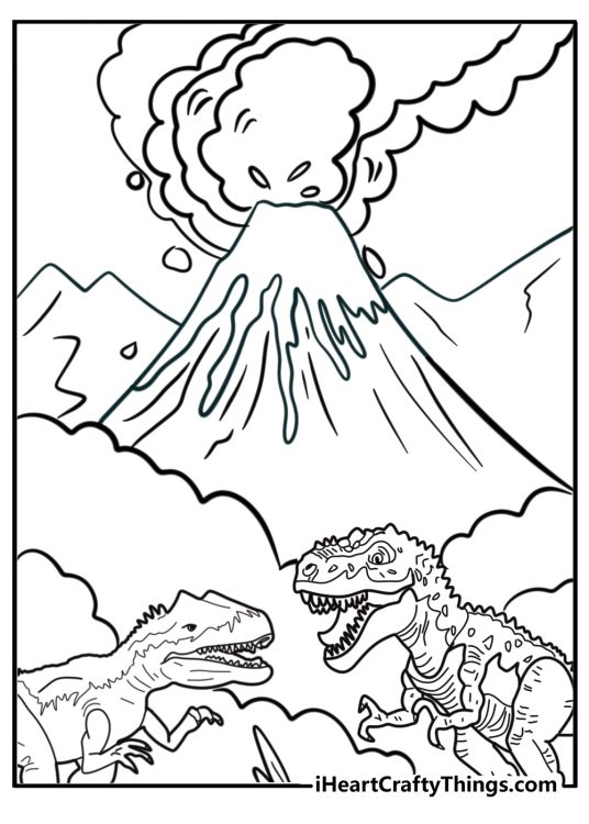 Coloring printable featuring scene of volcano eruption with two dinosaurs in the foreground