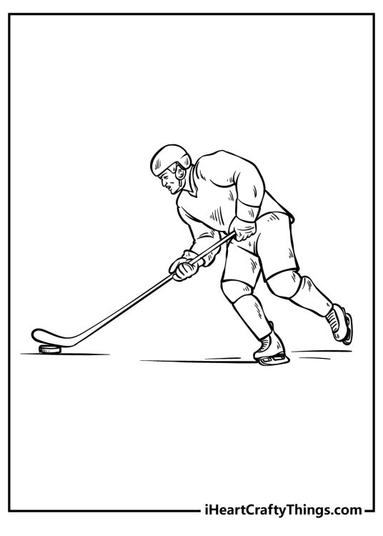 Hockey-themed coloring image featuring a player skating along the ice with a hockey stick