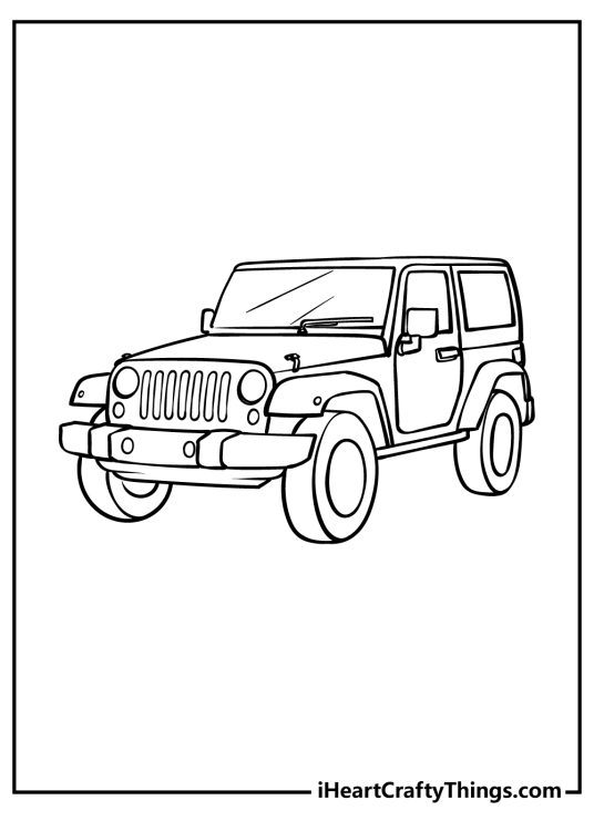 Free coloring page for kids featuring simple design Jeep with clear background behind it