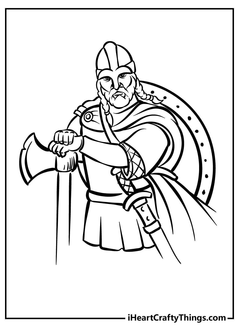 Coloring image featuring brave and noble-looking mature viking warrior standing with his ax at the ready