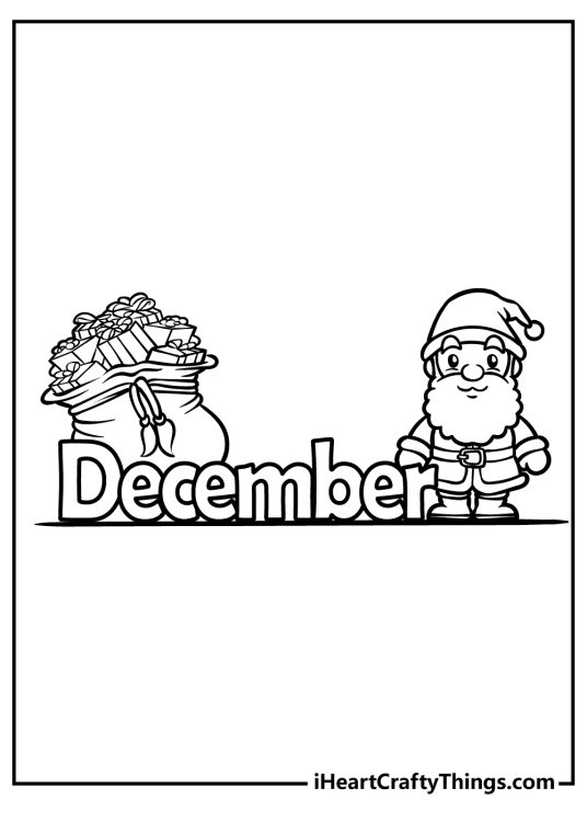 Printable card for kids featuring word December with Santa and a big bag of presents behind it