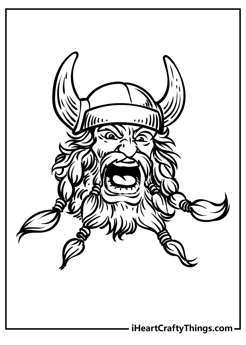 Printable pdf featuring dramatic face of a viking yelling out at the top of his lungs