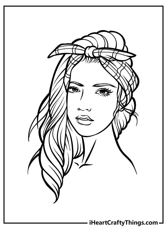 Girly coloring page showing beautiful girl wearing intricately patterned scarf in her long hair