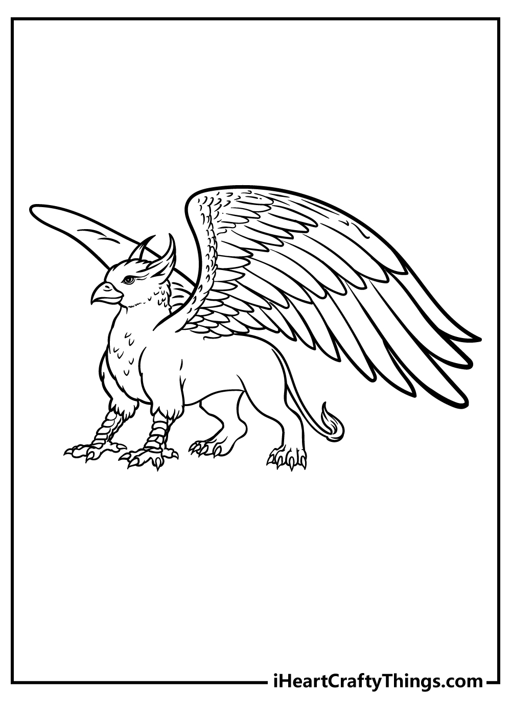 Detailed printable drawing to color presenting full grown griffin looking really noble