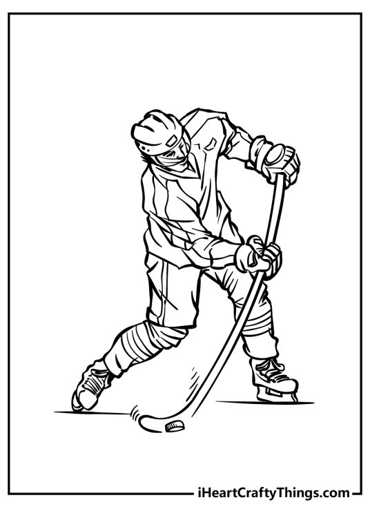Coloring page capturing adult hockey player right in the middle of striking the puck