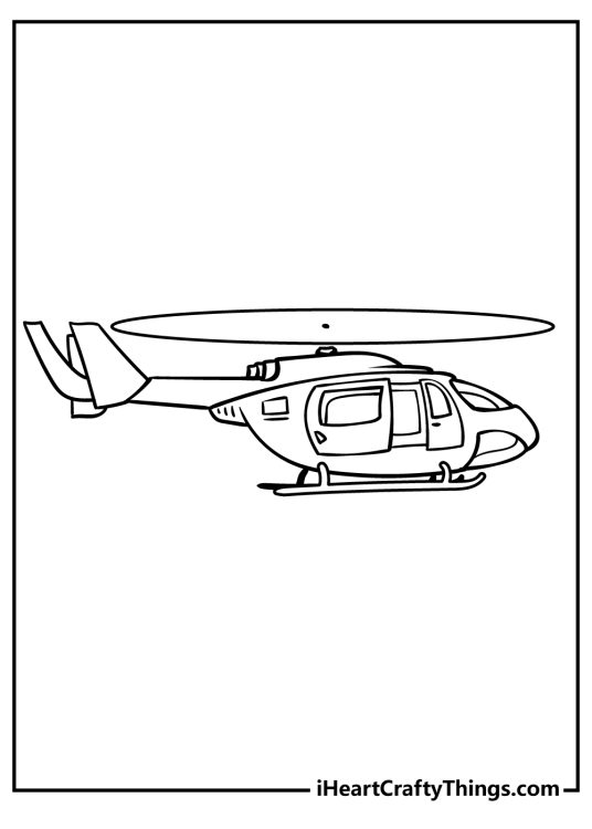 Detailed coloring picture featuring helicopter during flight as its rotors are at full speed