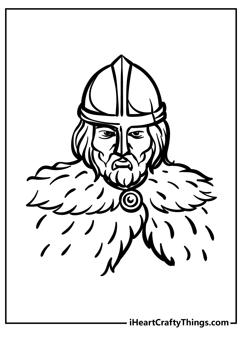 Detailed coloring image featuring close-up of a viking warrior wearing thick pelt around his shoulders