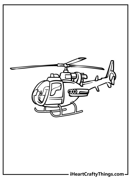 Coloring sheet featuring army helicopter with missile launchers mounted on the sides