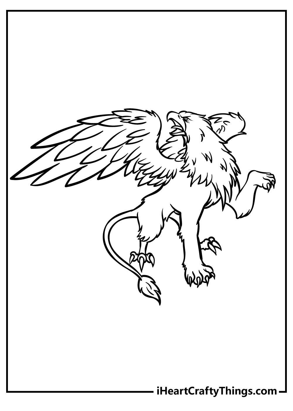 Printable coloring page depicting a battling griffin who is about to take flight