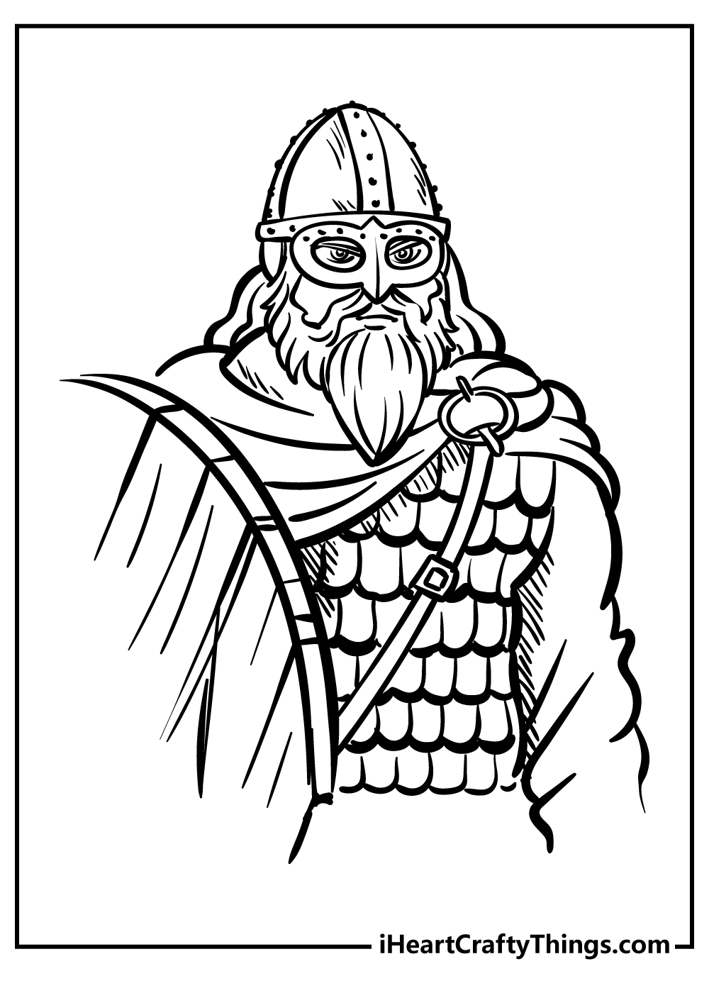 Printable coloring page for kids featuring viking warrior armored up and ready for battle