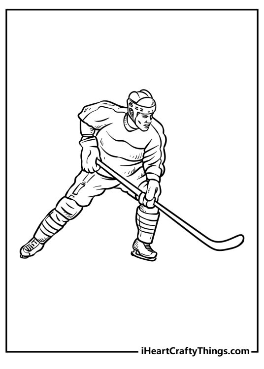 Printable coloring picture presenting focused hockey player with intense facial expression