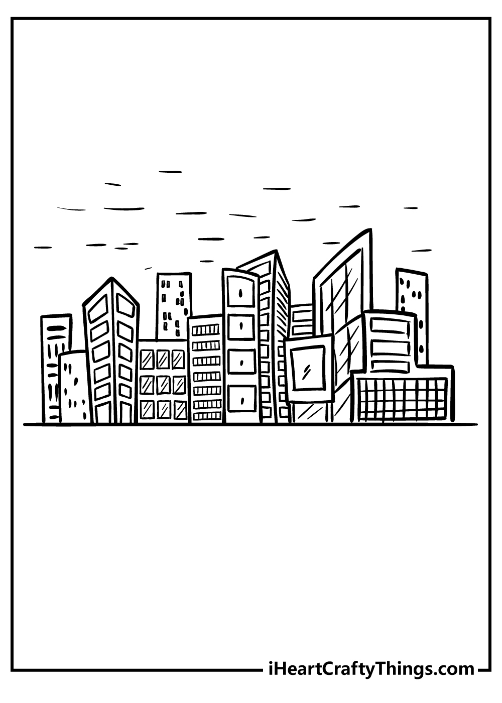 Metropolis coloring sheet featuring very angular and pointy buildings drawn in a funky design