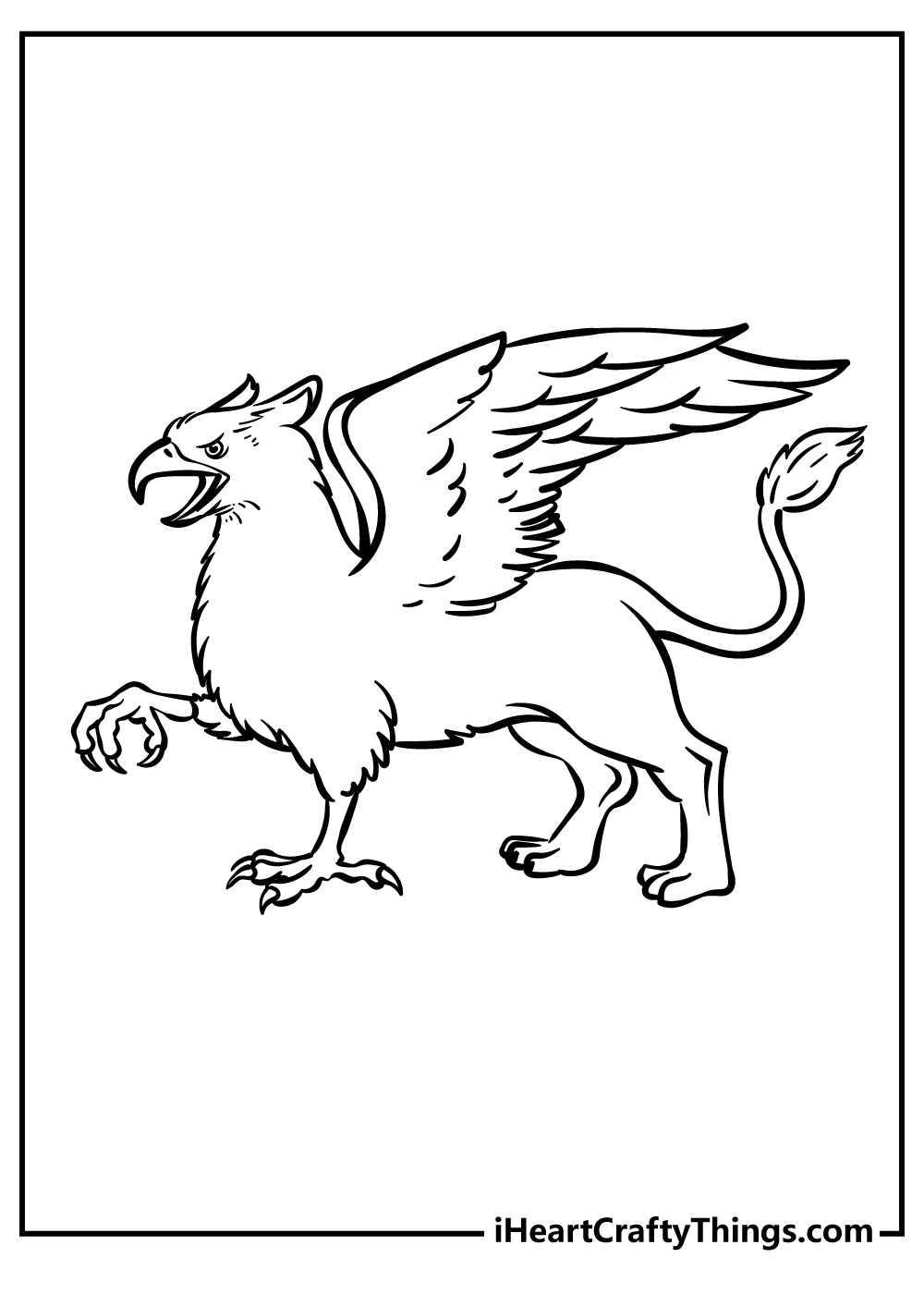 Coloring sheet for kids presenting griffin with very detailed eagle face and front legs