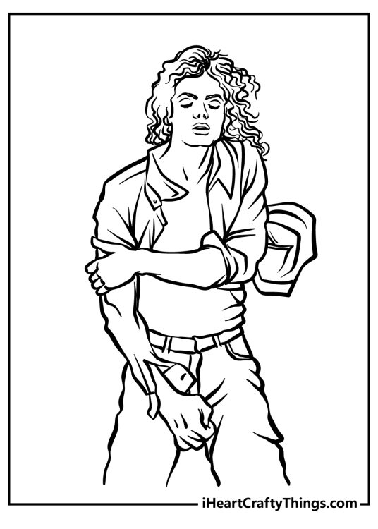 Printable coloring sheet for adults depicting Michael Jackson giving a powerful performance