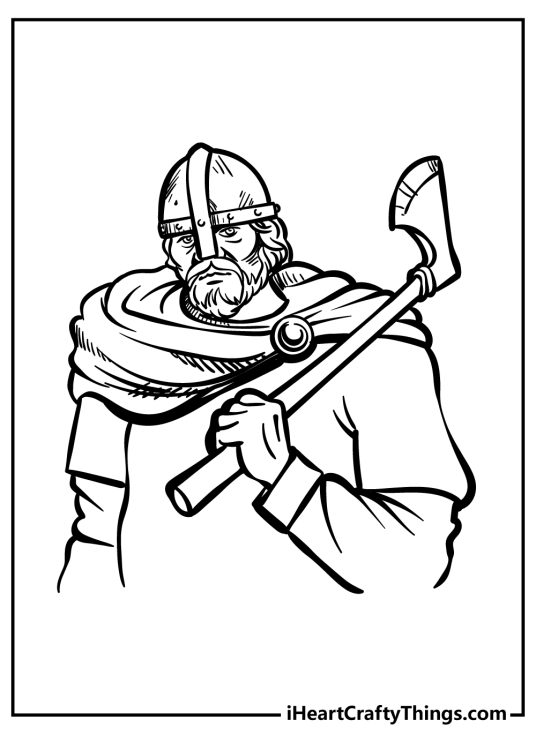 Free sheet to print and color presenting tough viking warrior holding his ax on the shoulder