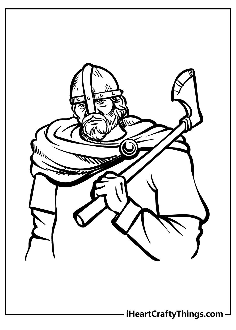 Free sheet to print and color presenting tough viking warrior holding his ax on the shoulder