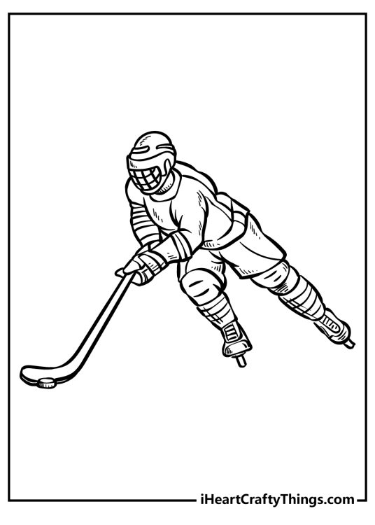 Black-and-white printable picture capturing hockey player going at high speeds with clear background behind him