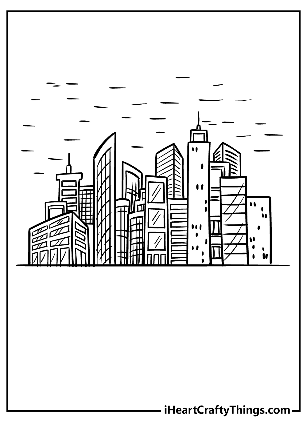 Metropolis-themed printable featuring a huge variety of different buildings surrounded by simple lines in the sky