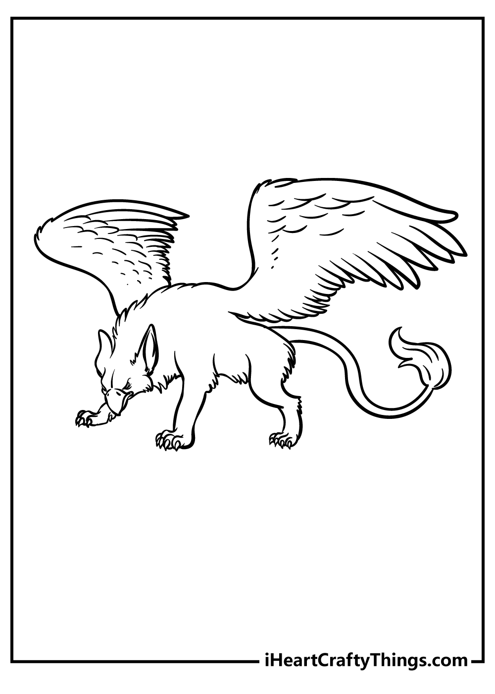 Printable coloring picture of a griffin looking feral and quite angry with wings spread widely