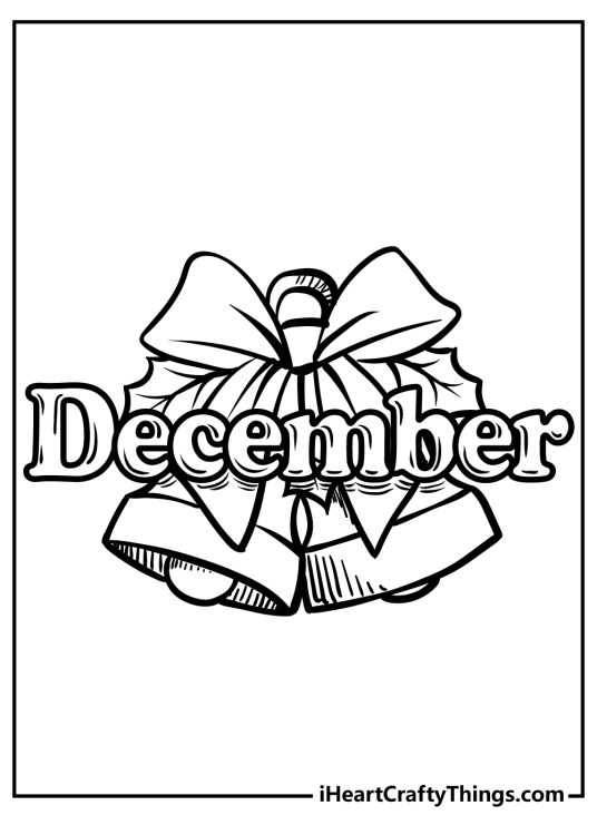 Coloring sheet for kids featuring word December in the centre and Christmas bells in the background