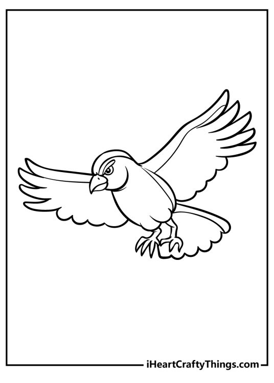 Printable coloring page featuring cartoony flying hawk with its wings spread widely