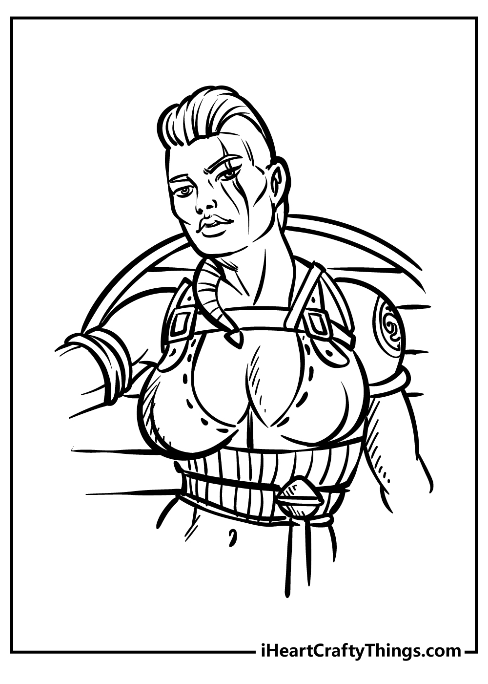 Viking-themed coloring page featuring female warrior with a large round shield strapped to her back