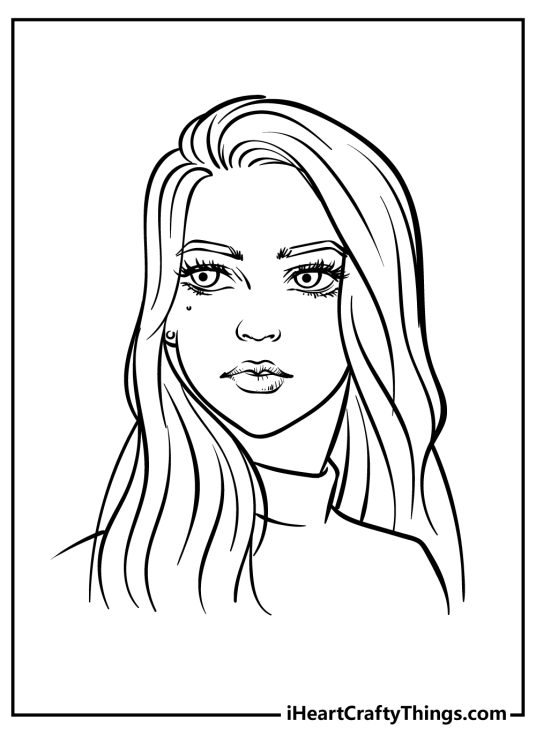 Girly coloring printable featuring stylish girl looking rather intense and serious